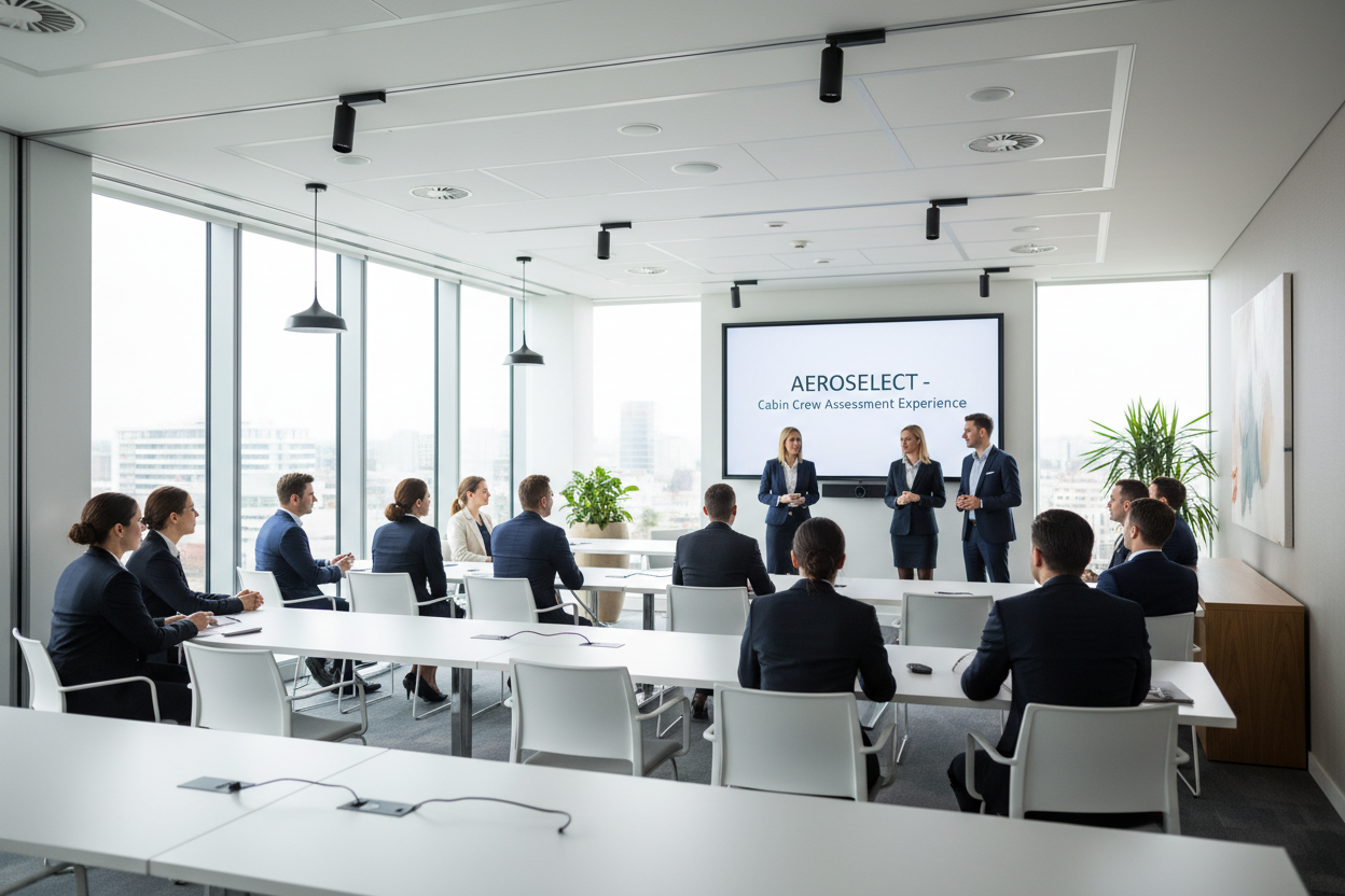 Die Power Point sollte nur AEROSELECT- Cabin Crew Assessment Experience stehen, mehr nicht, kein Logo. Der Seminarraum muss viel moderner wirken. Gerne auch mit 20 Teilnehmern.