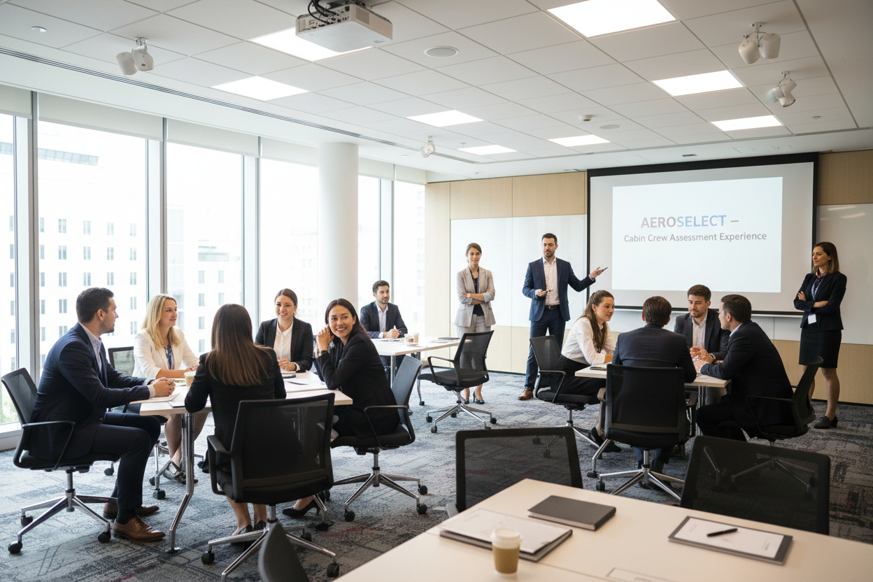 Erstelle ein Bild von dem Trainingsangebot Cabin Crew Assessment Experience. Es geht darum Bewerbende auf eine Bewerbung bei einer Airline vorzubereiten. Das Bild sollte 10 Teilnehemde zeigen die in Business Casual gekleidet sind und drei Trainer oder Trainerinnen. Das Setting sollte einem Recruiting Day oder Assessment Day ähneln und in einem modernen beleuchtetem Seminarraum eines Hotels sein. Auf einer PowerPoint Folie sollte AEROSELECT - Cabin Crew Assessment Experience stehen. Kein Logo, nur der Text.