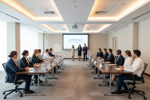 Erstelle ein Bild von dem Trainingsangebot Cabin Crew Assessment Experience. Es geht darum Bewerbende auf eine Bewerbung bei einer Airline vorzubereiten. Das Bild sollte 20 Teilnehemde zeigen die in Business Casual gekleidet sind und drei Trainer oder Trainerinnen. Das Setting sollte einem Recruiting Day oder Assessment Day ähneln und in einem modernen beleuchtetem Seminarraum eines Hotels sein. Auf einer PowerPoint Folie sollte AEROSELECT - Cabin Crew Assessment Experience stehen. Kein Logo, nur der Text.